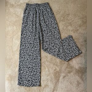 high waisted back and white flower patterned wide leg dress pants